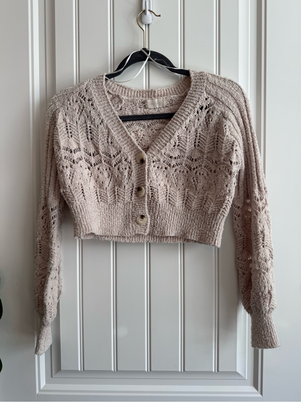 Altar'd State Cream Pointelle Knit Cropped Cardigan Boho Sweater Size XS
